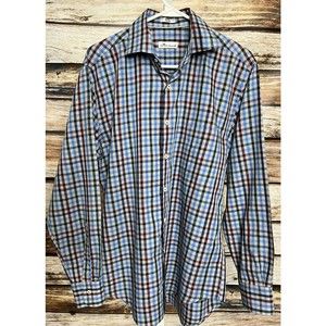 Peter Millar Button Front Shirt Medium Blue Burgundy Gray Plaid